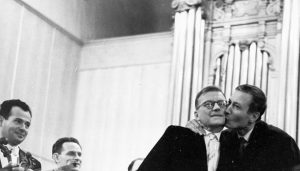 Yevtushenko kissing Shostakovich at the world premiere of the Babi Yar Symphony